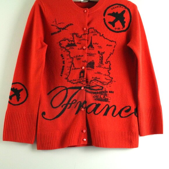 J. Crew VINTAGE Red Cardigan with France Map Design - Picture 3 of 5